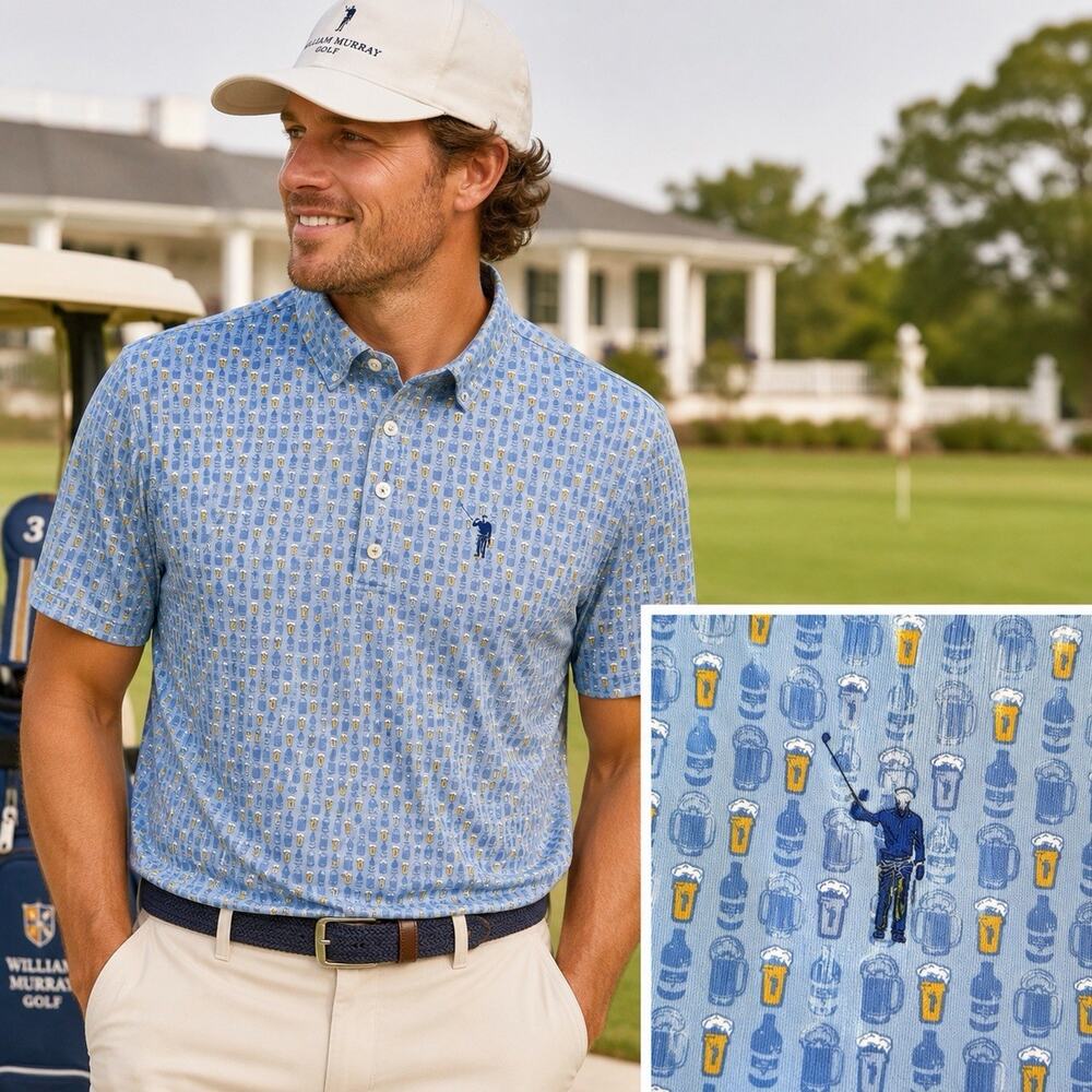 William Murray Golf Beer Pint Print Performance Polo Shirt Blue Novelty Men’s L